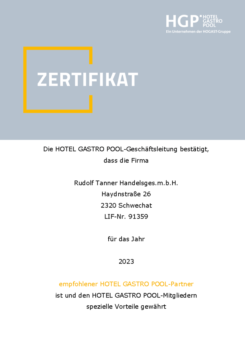 Hotel Gastro Pool Zertifikat